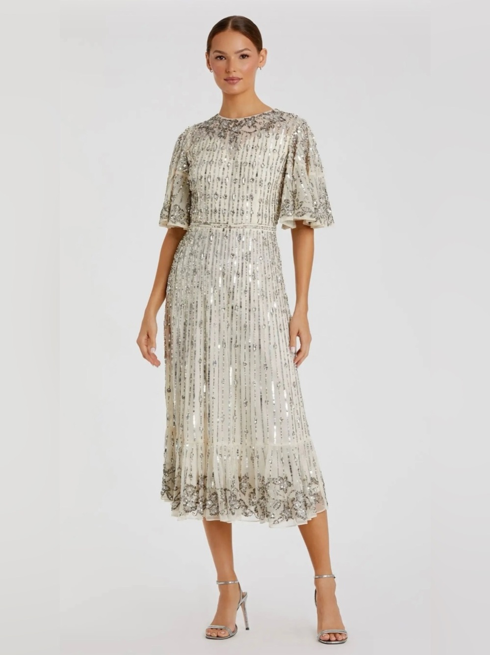 Mac Duggal Ivory and Silver Sequin Midi Dress